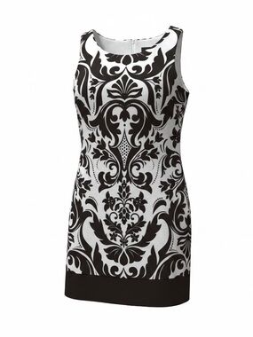 B. Smart Espresso and White Damask Sheath Dress